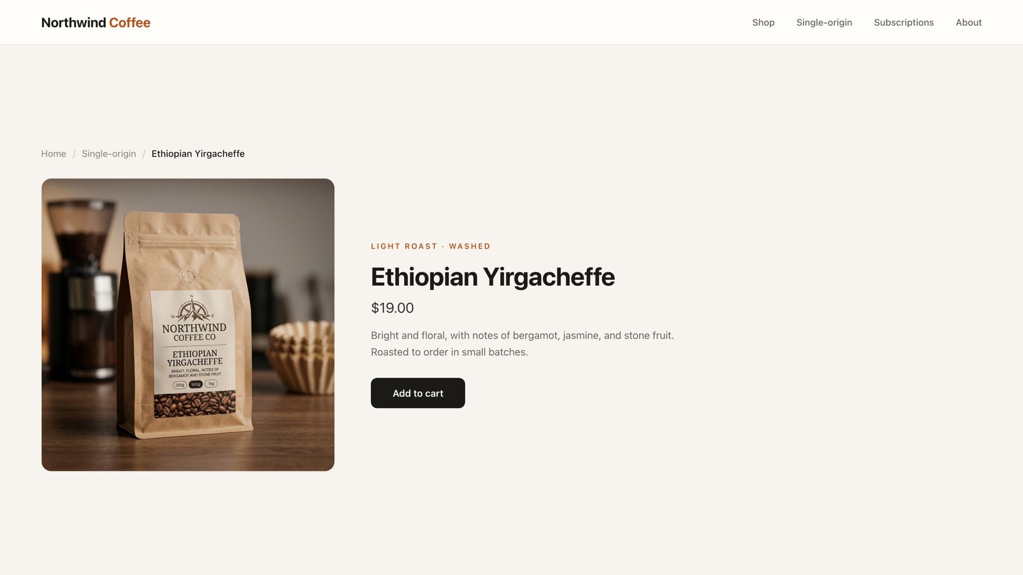 A Shopify product page with a Home / Single-origin / Ethiopian Yirgacheffe breadcrumb trail above the product title