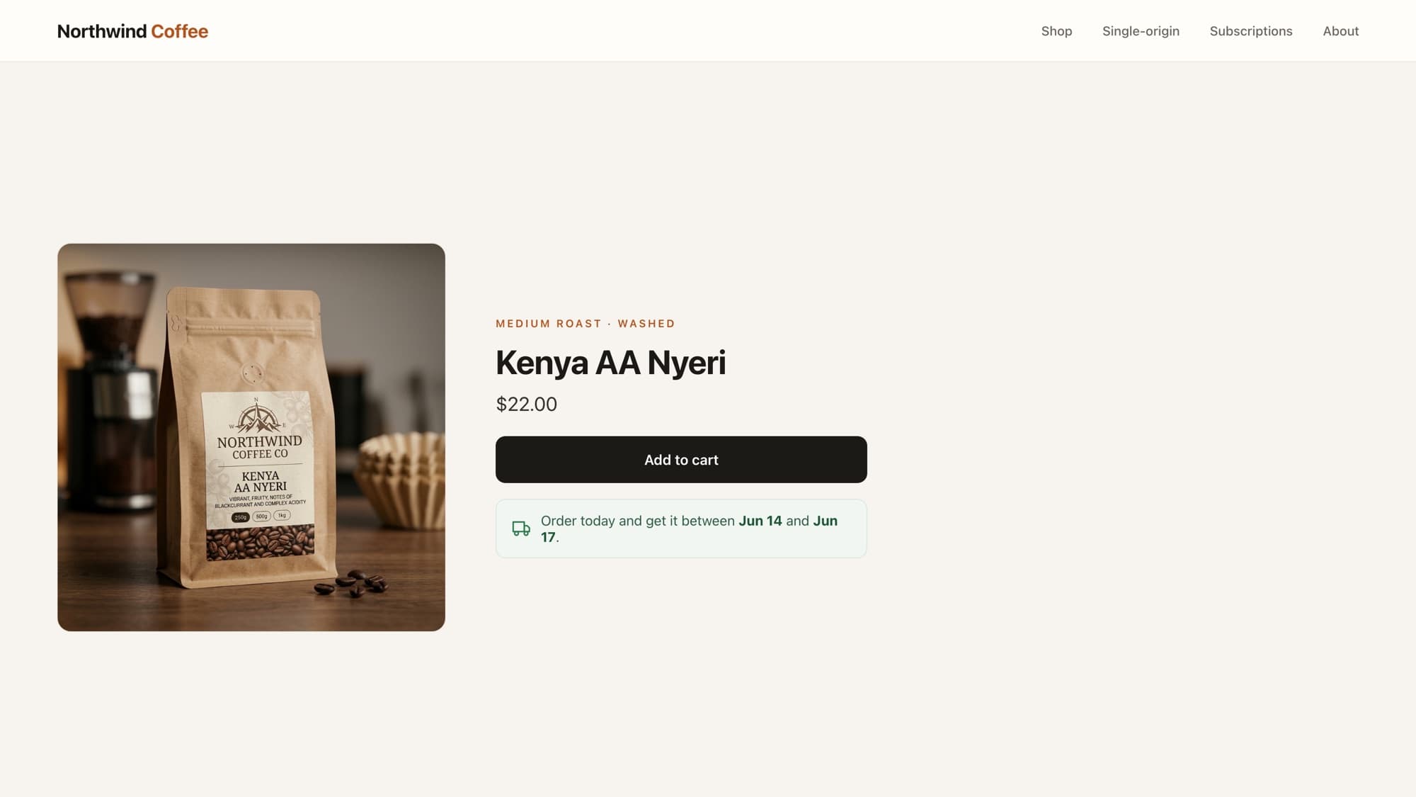 A Shopify product page showing an estimated delivery date line reading Order today and get it between two dates