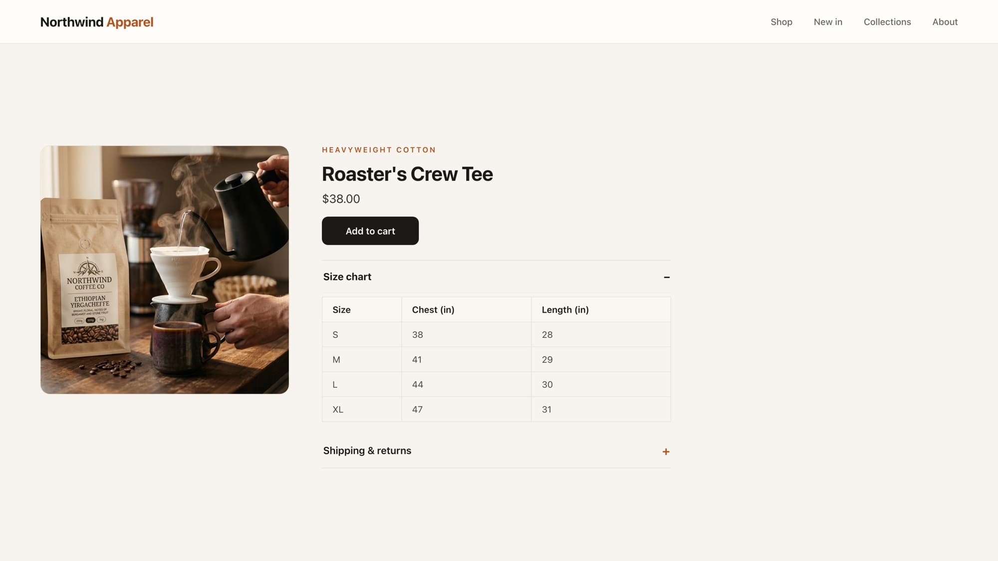 A Shopify product page with an expanded Size chart panel showing a table of sizes and measurements