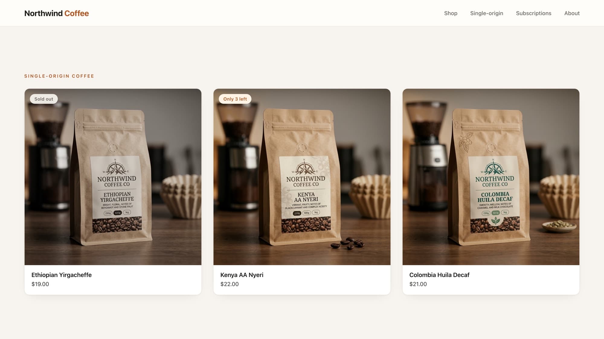 Three Shopify product cards in a collection grid, one showing a Sold out badge and another showing an Only 3 left low-stock badge