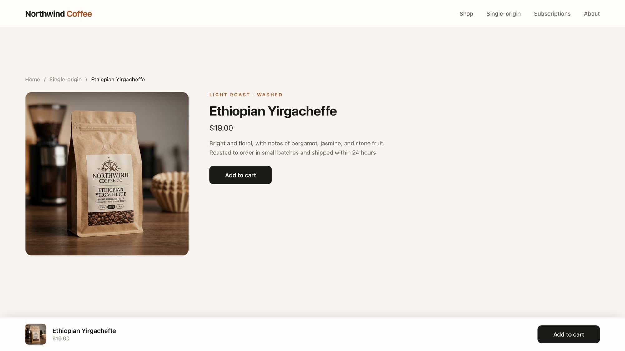 A sticky add to cart bar pinned to the bottom of a Shopify product page showing the product thumbnail, title, price, and an Add to cart button