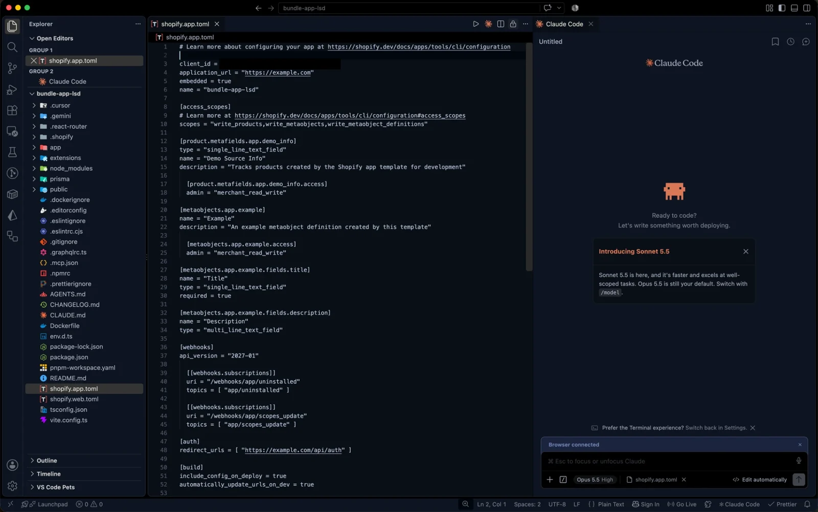 VS Code with the bundle app open: the file list, shopify.app.toml, and the Claude Code panel on the right.
