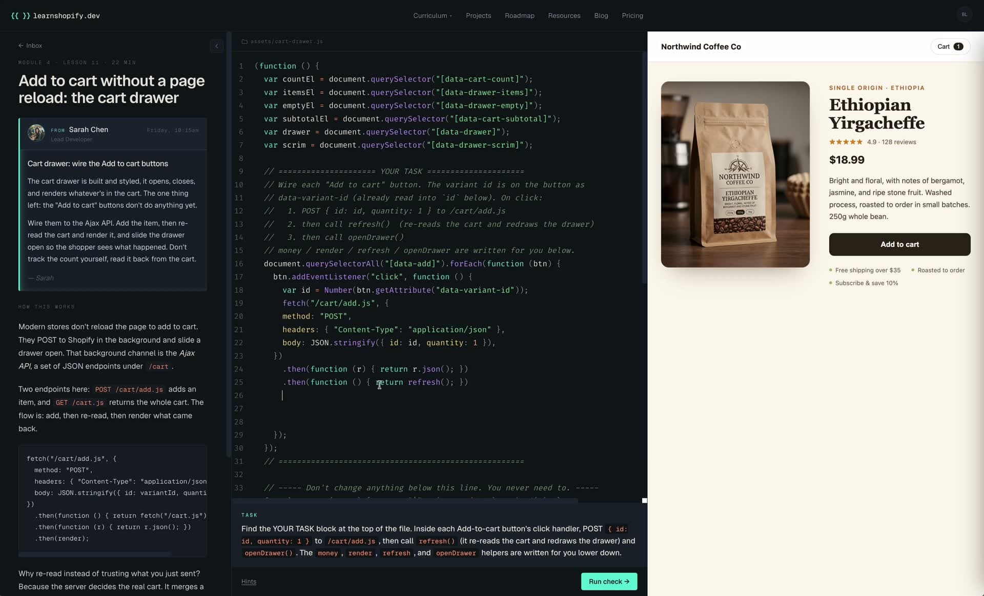 A Module 4 lesson: the cart drawer JavaScript in the editor and the Northwind storefront with the slide-out cart open.