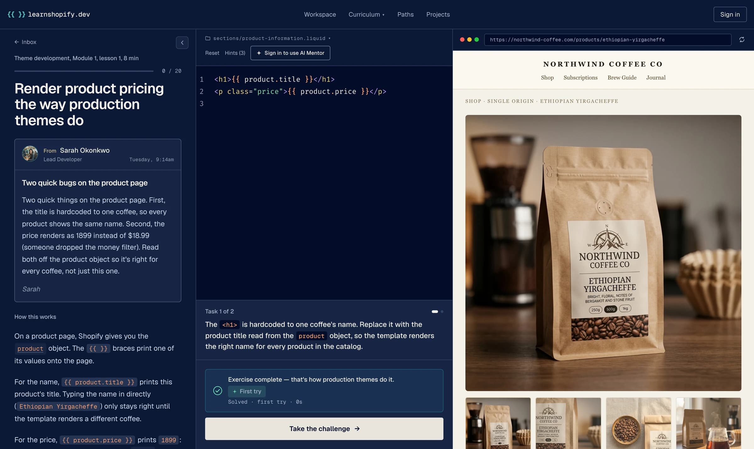 The lesson workspace: the task on the left, the Liquid editor in the middle and the Northwind store preview on the right.