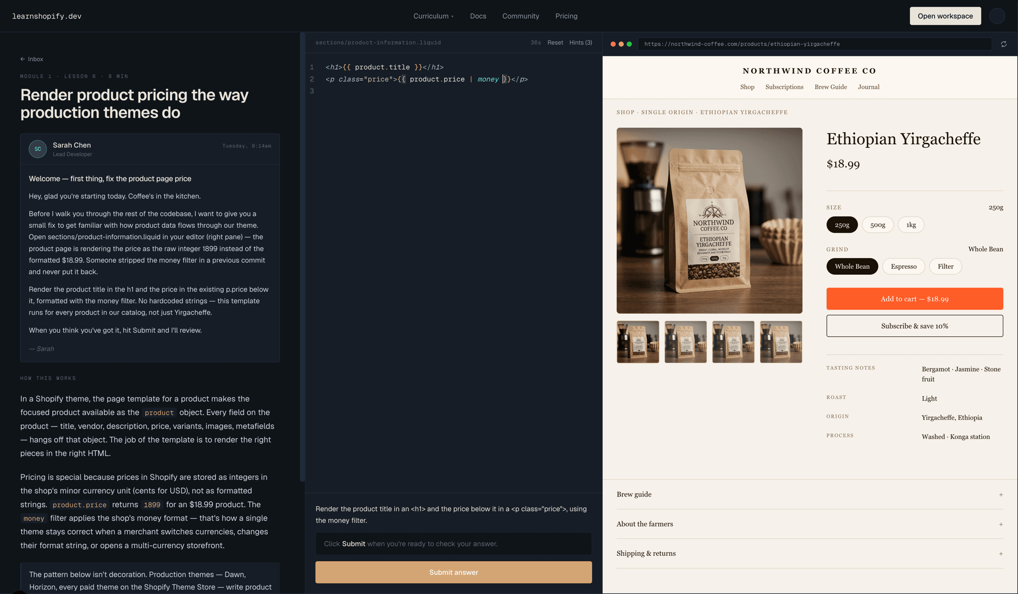 The learnshopify.dev lesson interface: a task brief on the left, a Liquid editor in the middle, and a live Northwind Coffee Co storefront preview on the right.