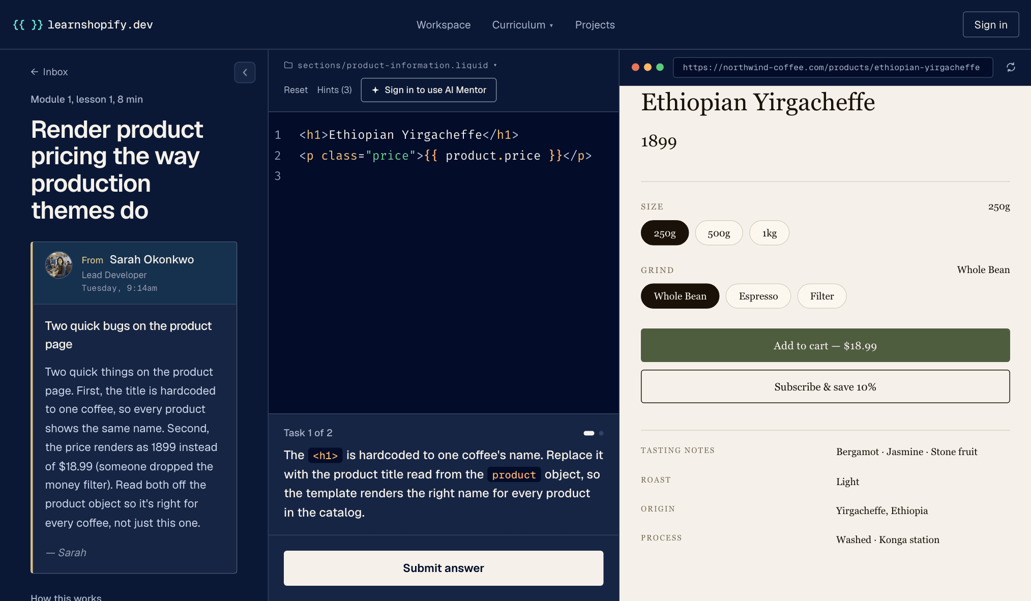 The learnshopify.dev lesson interface: a task brief on the left, a Liquid editor in the middle, and a live Northwind Coffee Co storefront preview on the right.
