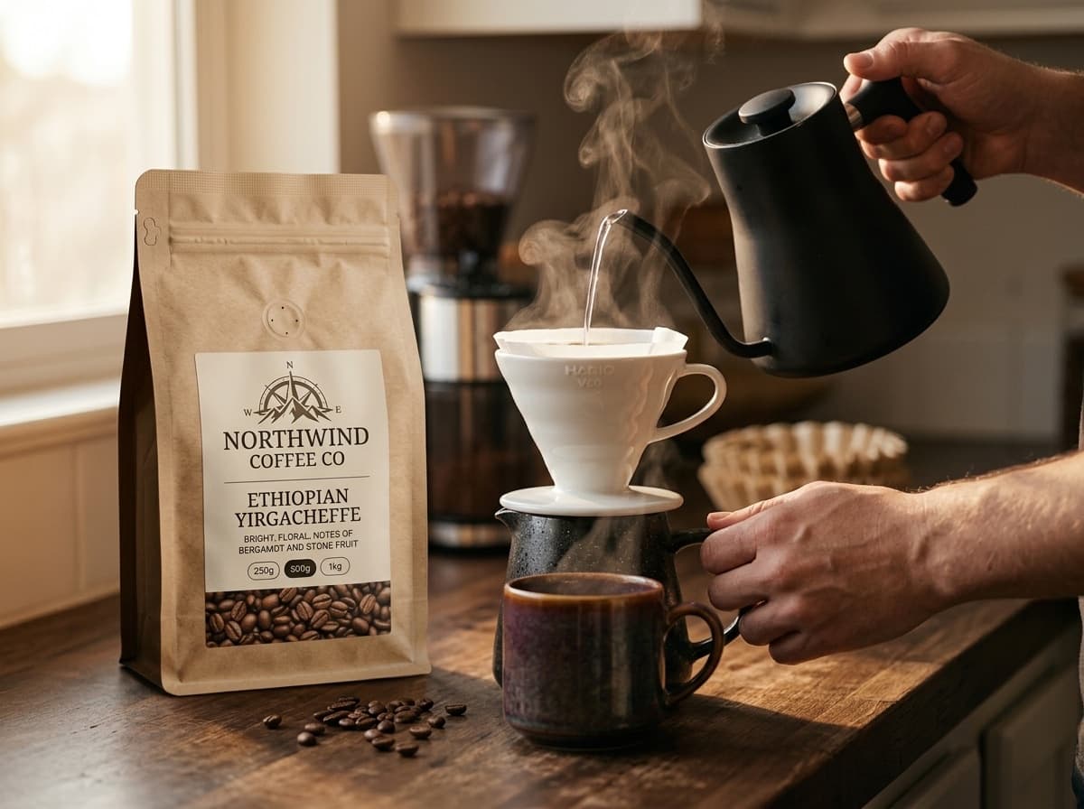 A pour-over being brewed next to a bag of Northwind Ethiopian Yirgacheffe